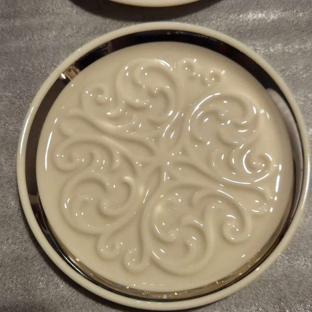 Lenox Ivory Bone China Coasters Set/4 Platinum Rim Scroll Filigree Made in USA